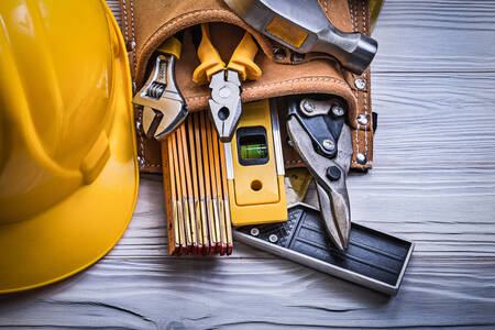 Construction tools and hard hat