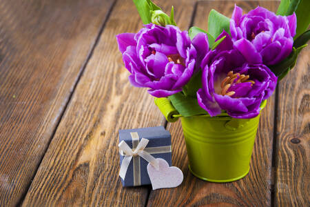 Purple tulips in a bucket