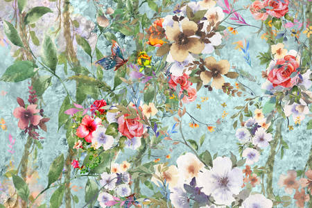 Pintura em aquarela de folhas e flores