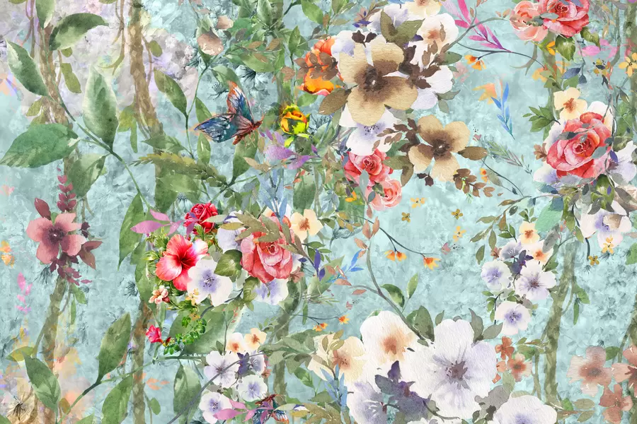 Watercolor painting of leaves and flowers