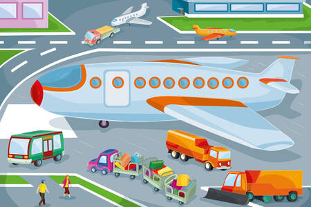 Aeronaves y transporte en el aeropuerto.