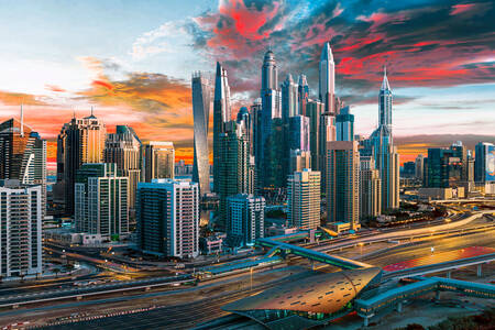 Arranha-céus de Dubai ao pôr do sol