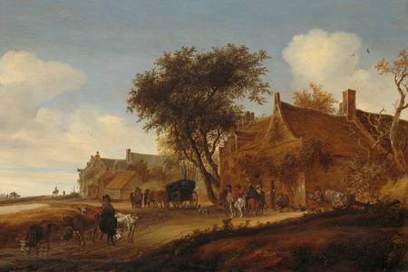 Salomon van Ruysdael: "Vidiecky hostinec s pódiom"
