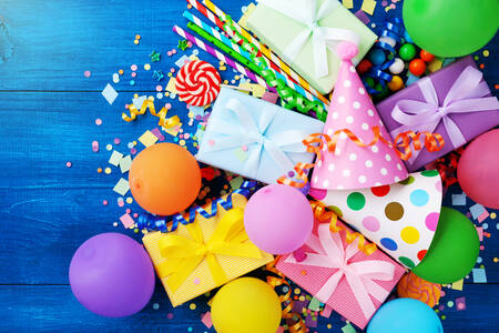 Gifts, confetti and balloons
