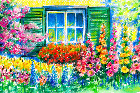 Blühender Garten vor dem Fenster