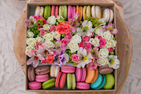 Macarons and flowers in a box