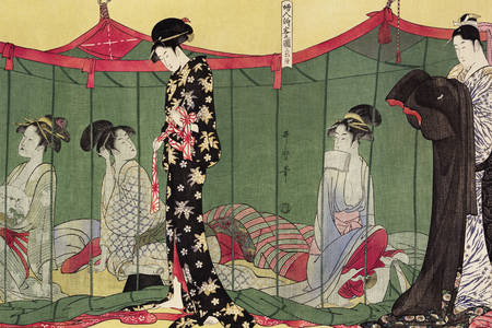 Utamaro Kitagawa: "Mujeres con un visitante"