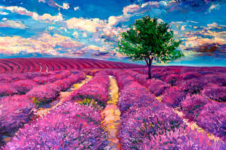 Árbol en campo de lavanda
