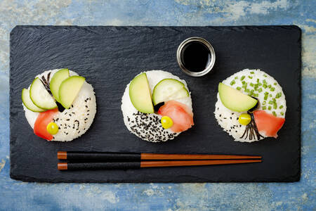 Sushi donuts on a platter
