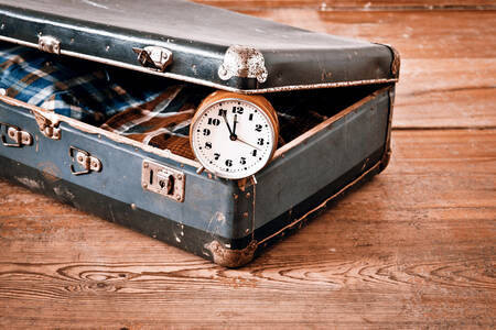 Old suitcase and alarm clock