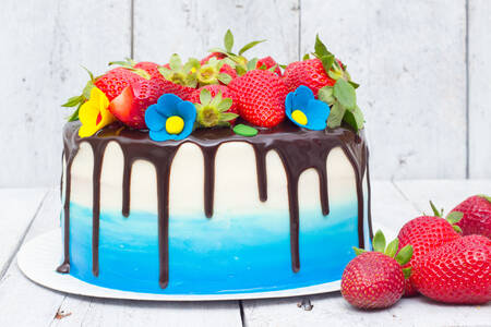 Μπλε και άσπρο κέικ με φράουλες