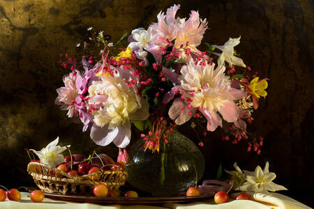 Bouquet with peonies on the table