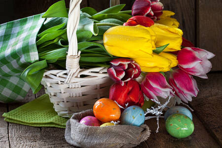 Basket of tulips and Easter eggs