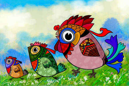 Aves de colores en el prado