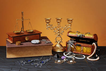 Jewelry, jewelry box and candlestick