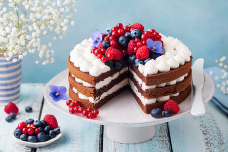 Chocolate cake with cream and berries