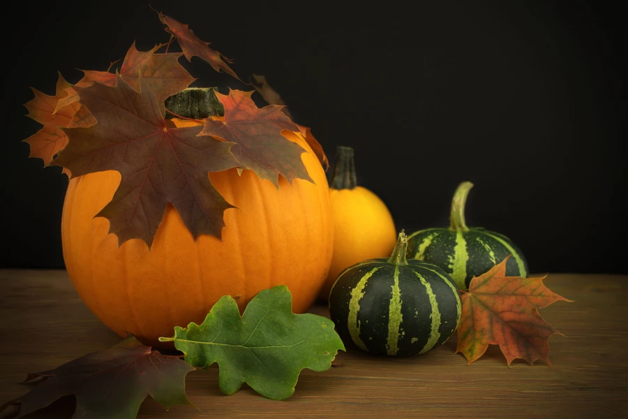 Pumpkins and leaves on the table