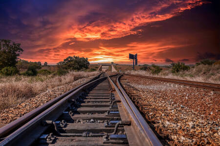 Trilhos ferroviários ao pôr do sol