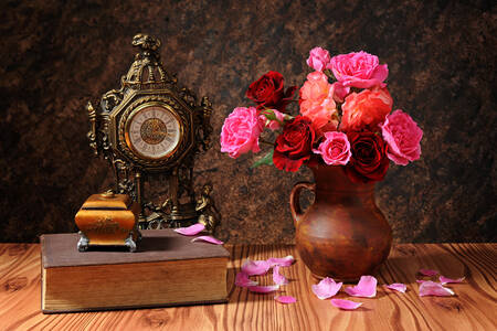 Roses in a vase and a clock