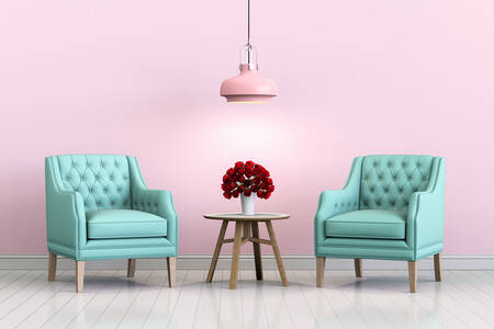 Pink room with blue armchairs