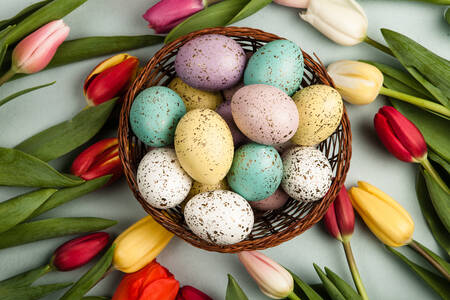 Easter eggs with colorful tulips