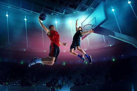 Jugadores de baloncesto saltando