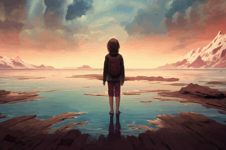 Dieťa pri horskom jazere