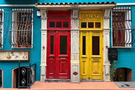 Brightly colored doors of a house in the Balat neighborhood