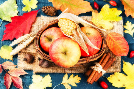 Manzanas y hojas de otoño