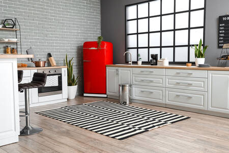 Kitchen interior with red fridge
