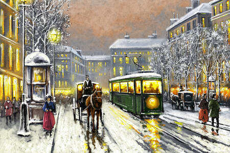 Tram on a snowy street
