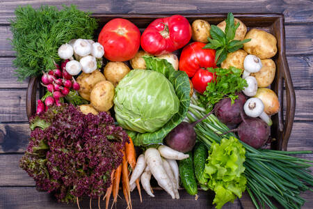 Herbes et légumes sur un plateau