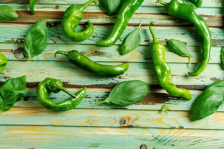 Pepper and basil leaves