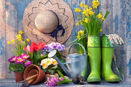 Zahradní nářadí a květiny