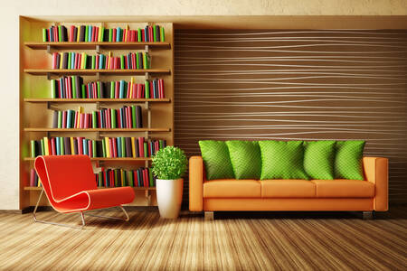 Living room interior with bookcase
