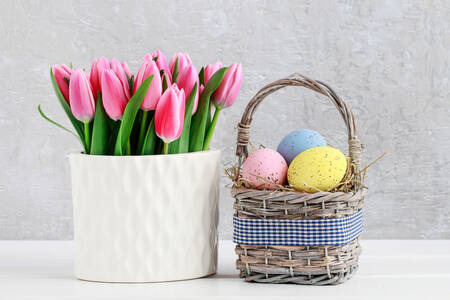 Tulips and Easter eggs on the table