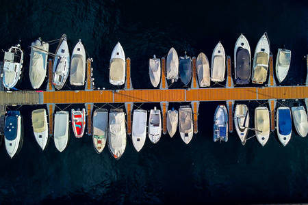 Top view of moored yachts
