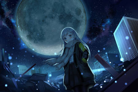 Mädchen auf dem Hintergrund des Mondes