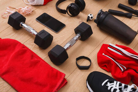 Sports equipment on a wooden floor