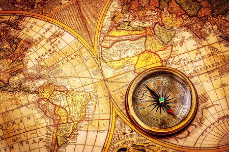 Kompas op de kaart van de antieke wereld
