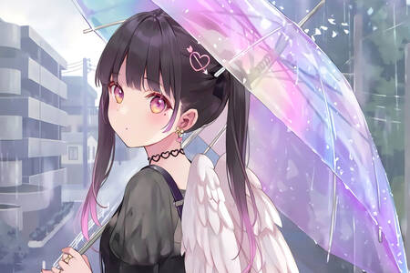 Chica anime bajo el paraguas