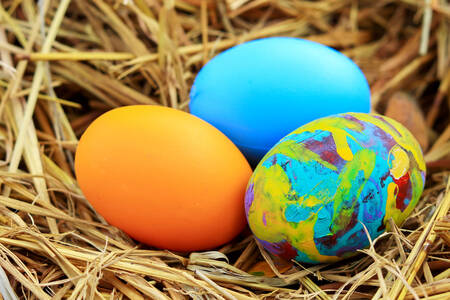 Colorful eggs on straw