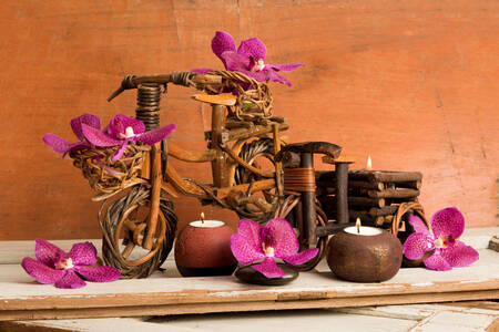 Orchideák egy fából készült kerékpáron