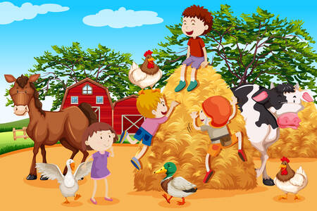Gyerekek játszanak a farmon