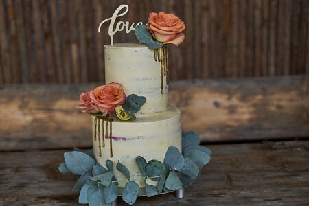 Wedding cake on a wooden table