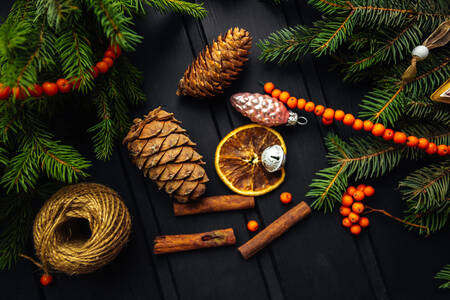 Fir branches, cones and toys