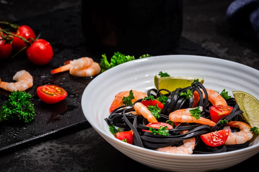 Black pasta and seafood