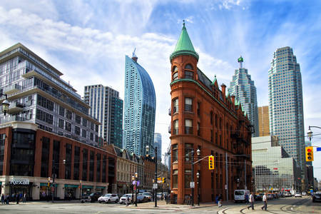 Gooderham building against the backdrop of skyscrapers