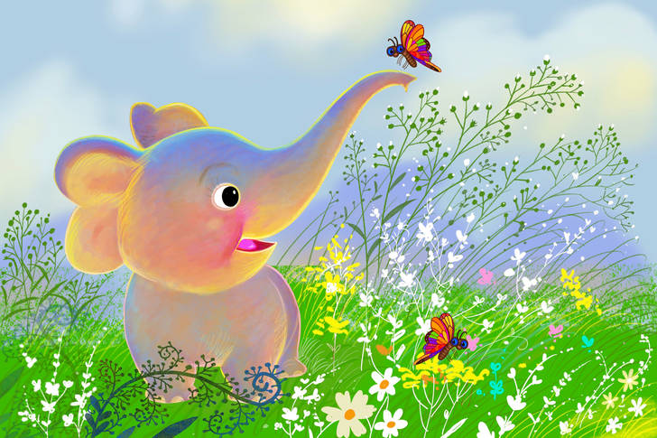 Baby elephant in the meadow
