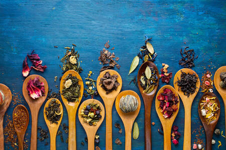 Dry tea in wooden spoons